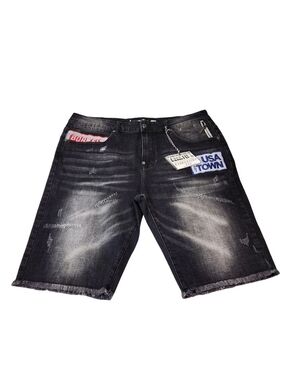 Born Fly Mens Size 38 Shorts Denim Distressed Cutout Patch Design Black Wash 10